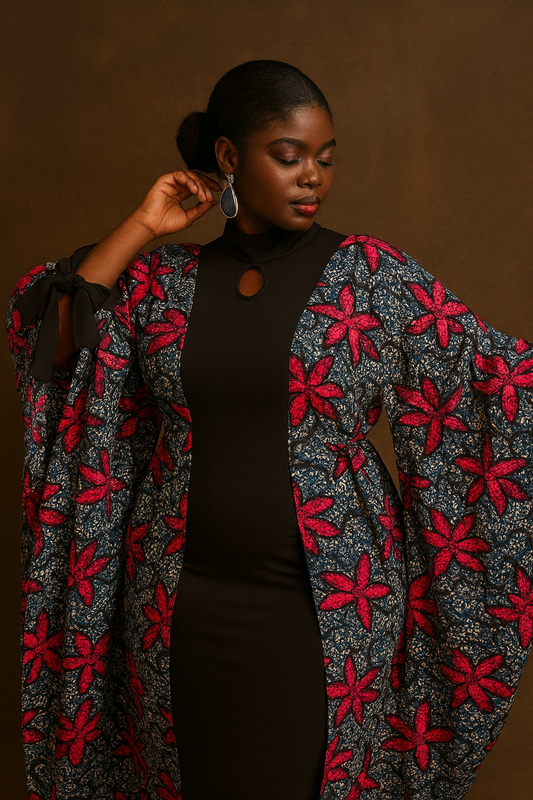 African Print Kimono Sleeve Dress – Handmade Ankara Maxi Dress, Tribal Boho Style for Women”
